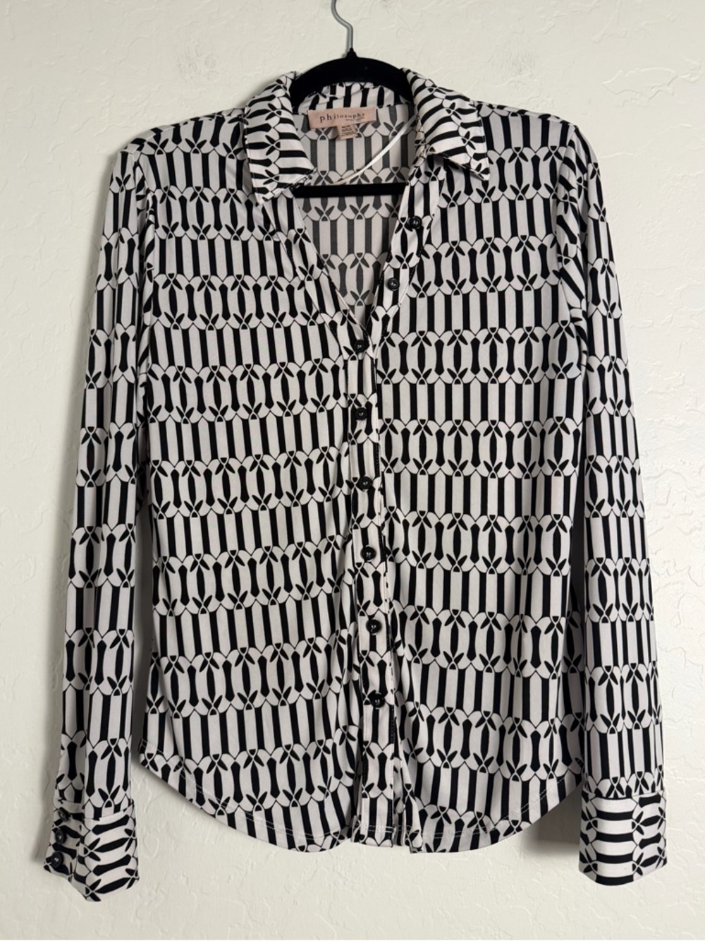 Philosophy Women's Blouse Sz M Black/White Geometric Work Top to Casual